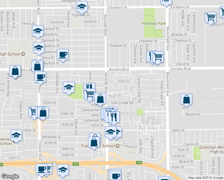 map of restaurants, bars, coffee shops, grocery stores, and more near 16037 Sugarpine Lane in Cerritos