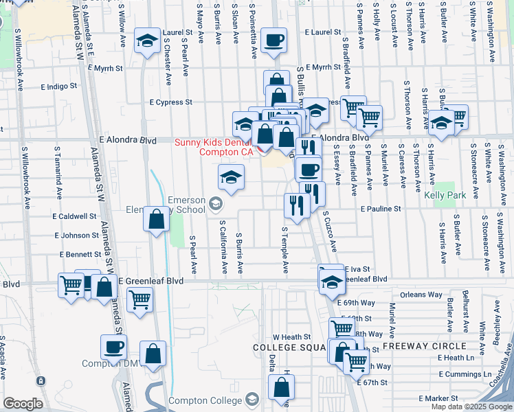 map of restaurants, bars, coffee shops, grocery stores, and more near 1211 East Caldwell Street in Compton