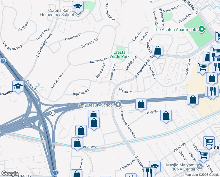 map of restaurants, bars, coffee shops, grocery stores, and more near 409 Harding Circle in Corona