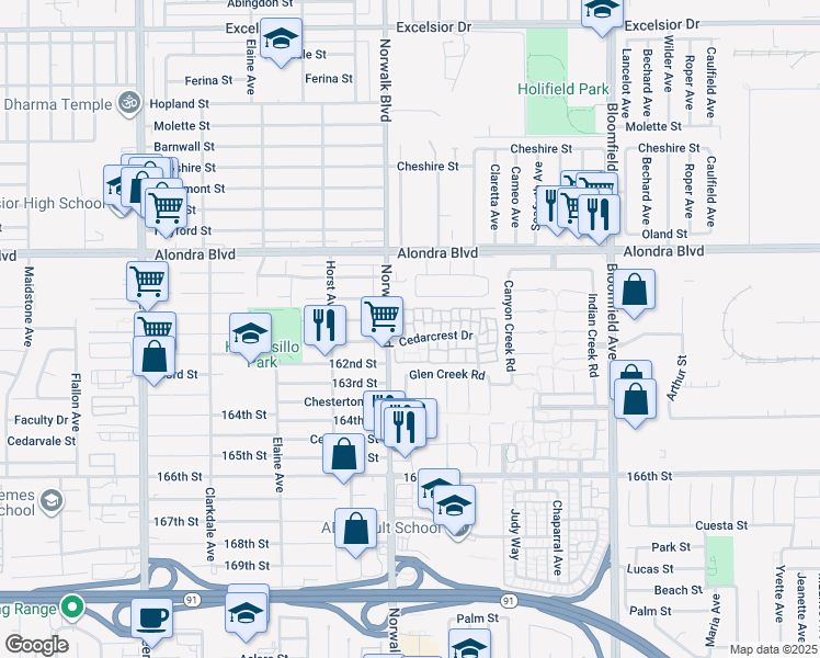 map of restaurants, bars, coffee shops, grocery stores, and more near 16037 Sugarpine Lane in Cerritos