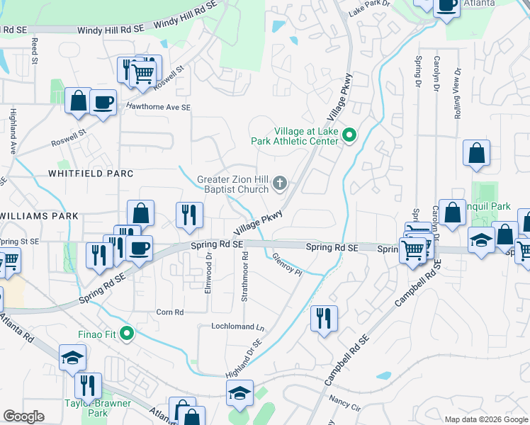 map of restaurants, bars, coffee shops, grocery stores, and more near 2770 Knoll Road Southeast in Smyrna