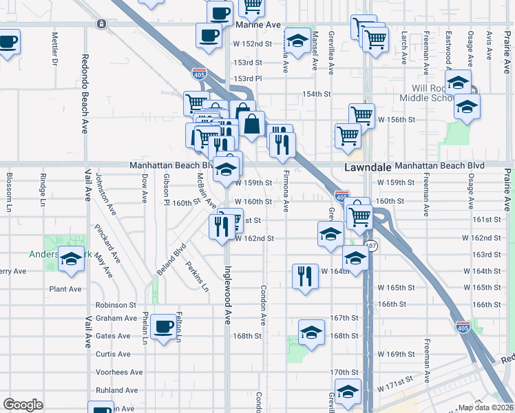 map of restaurants, bars, coffee shops, grocery stores, and more near 4704 West 160th Street in Lawndale