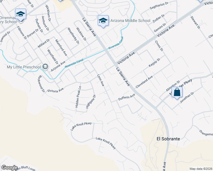 map of restaurants, bars, coffee shops, grocery stores, and more near 2610 Old Windmill Court in Riverside