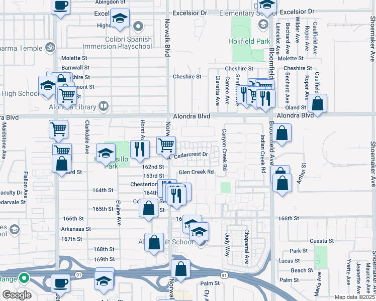 map of restaurants, bars, coffee shops, grocery stores, and more near 12244 Stillwater Lane in Cerritos