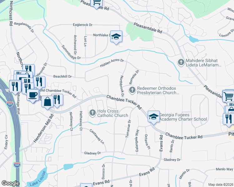 map of restaurants, bars, coffee shops, grocery stores, and more near 3259 South Pointe Court in Atlanta