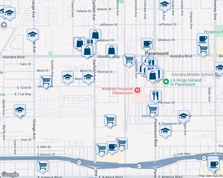 map of restaurants, bars, coffee shops, grocery stores, and more near 7530 Jackson Street in Paramount