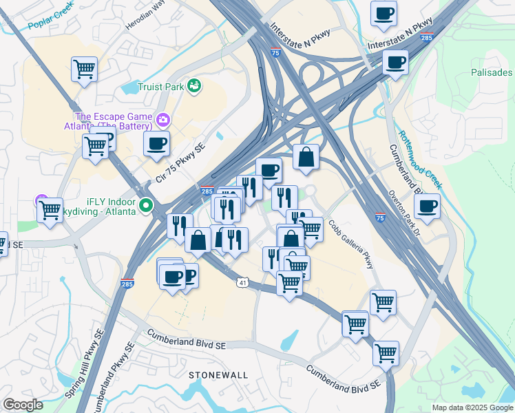map of restaurants, bars, coffee shops, grocery stores, and more near 2450 Galleria Parkway in Atlanta