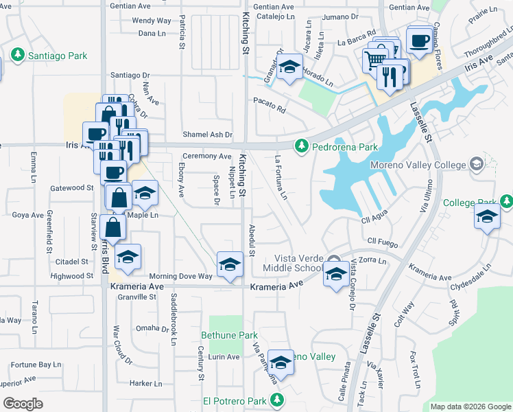 map of restaurants, bars, coffee shops, grocery stores, and more near 25574 Callita Street in Moreno Valley