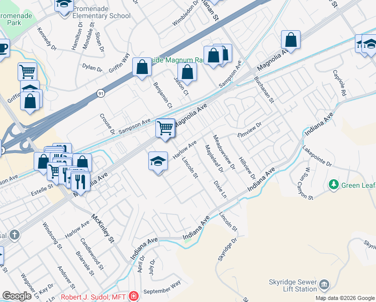map of restaurants, bars, coffee shops, grocery stores, and more near 12680 Harlow Avenue in Riverside