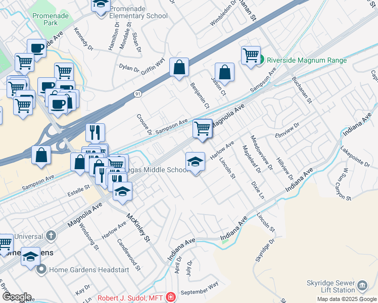 map of restaurants, bars, coffee shops, grocery stores, and more near 3761 Harvill Lane in Riverside