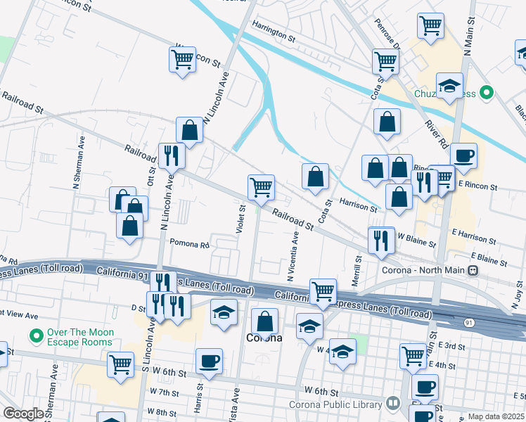 map of restaurants, bars, coffee shops, grocery stores, and more near 852 Railroad Street in Corona
