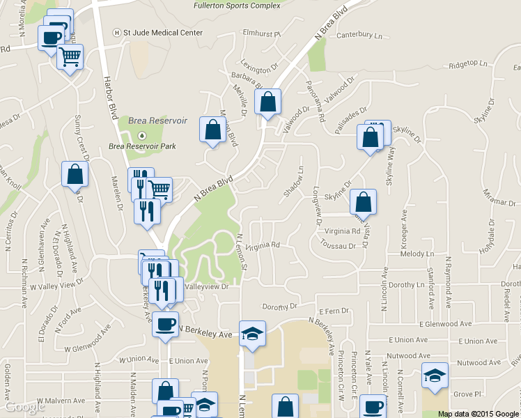 map of restaurants, bars, coffee shops, grocery stores, and more near 1400 Shadow Lane in Fullerton