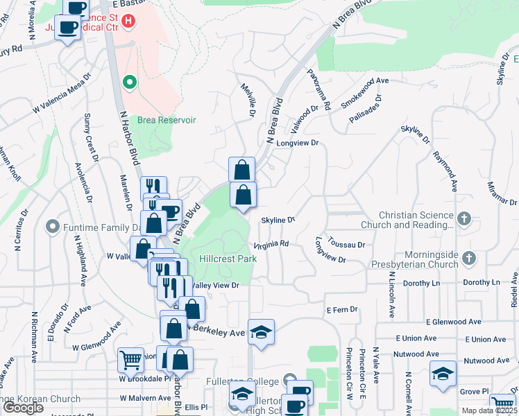 map of restaurants, bars, coffee shops, grocery stores, and more near 1320 Shadow Lane in Fullerton