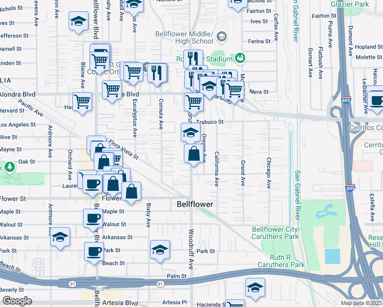 map of restaurants, bars, coffee shops, grocery stores, and more near 16416 Woodruff Avenue in Bellflower