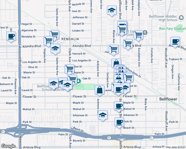 map of restaurants, bars, coffee shops, grocery stores, and more near 9569 Oak Street in Bellflower