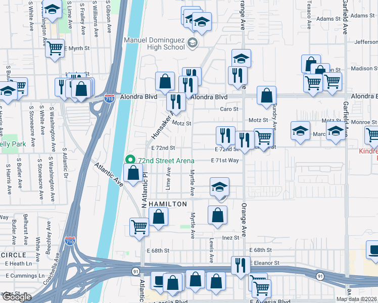 map of restaurants, bars, coffee shops, grocery stores, and more near 7175 Myrtle Avenue in Long Beach
