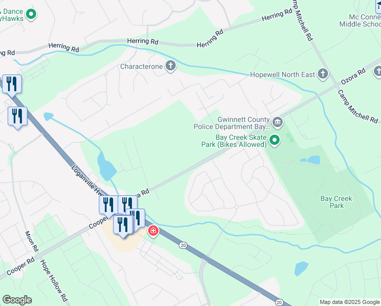 map of restaurants, bars, coffee shops, grocery stores, and more near 136 Ozora Road in Loganville