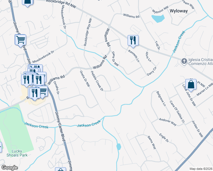 map of restaurants, bars, coffee shops, grocery stores, and more near 702 Pebble Creek Trail Northwest in Norcross