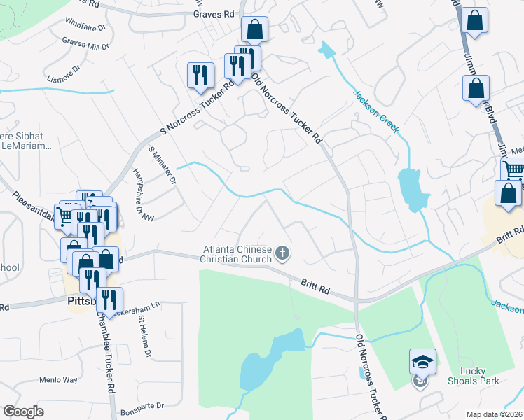 map of restaurants, bars, coffee shops, grocery stores, and more near 1127 Sanford's Walk Northwest in Tucker