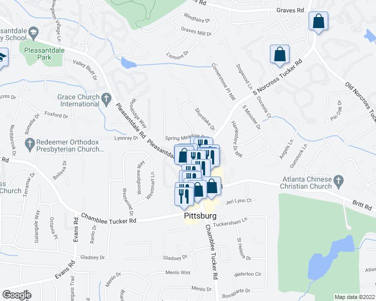 map of restaurants, bars, coffee shops, grocery stores, and more near 411 Bentley Place in Tucker