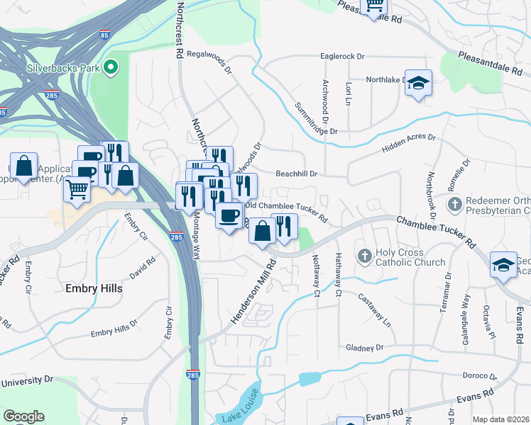 map of restaurants, bars, coffee shops, grocery stores, and more near 3576 Chamblee Tucker Road in Atlanta