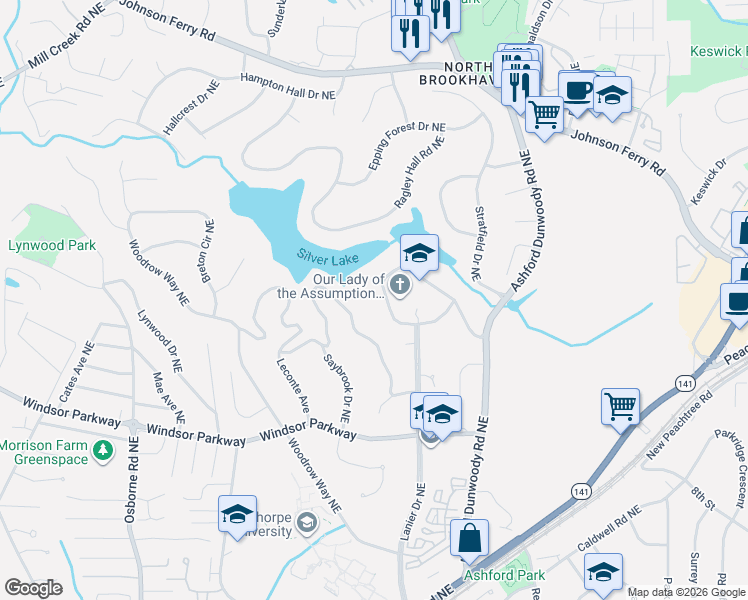 map of restaurants, bars, coffee shops, grocery stores, and more near 1407 Hearst Drive Northeast in Atlanta