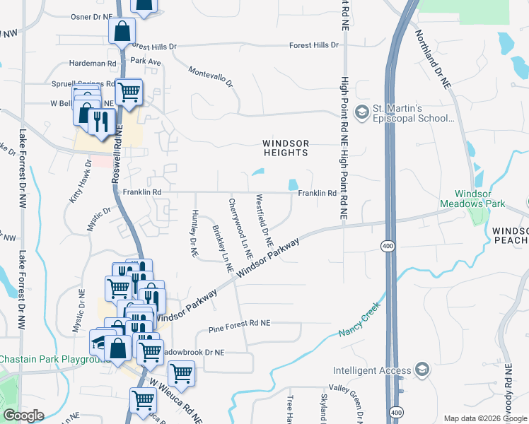 map of restaurants, bars, coffee shops, grocery stores, and more near 4840 Lansbury Drive Northeast in Atlanta