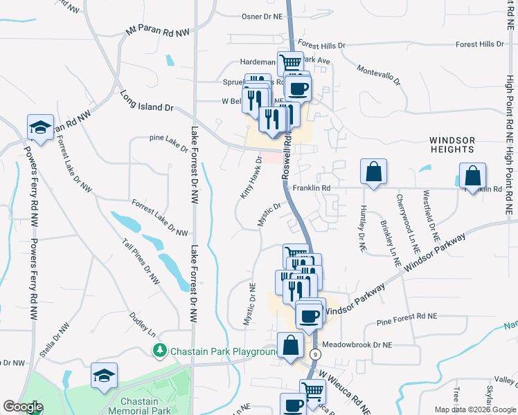 map of restaurants, bars, coffee shops, grocery stores, and more near 4775 Kitty Hawk Drive in Atlanta
