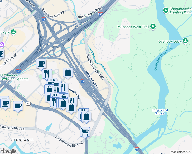 map of restaurants, bars, coffee shops, grocery stores, and more near Cumberland Blvd SE in Atlanta
