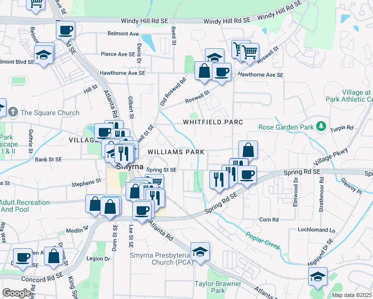map of restaurants, bars, coffee shops, grocery stores, and more near 1450 Walker Street Southeast in Smyrna