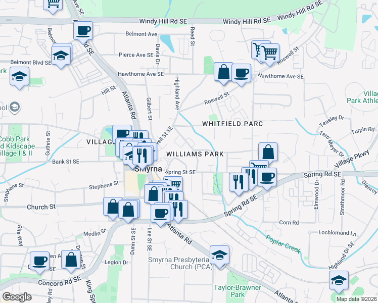 map of restaurants, bars, coffee shops, grocery stores, and more near 1480 Walker Street Southeast in Smyrna