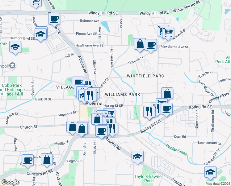 map of restaurants, bars, coffee shops, grocery stores, and more near 2792 Morris Circle in Smyrna
