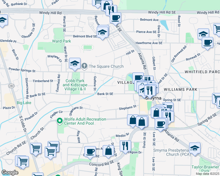 map of restaurants, bars, coffee shops, grocery stores, and more near 1110 Parkview Place Southeast in Smyrna