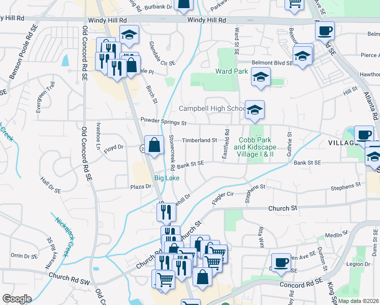 map of restaurants, bars, coffee shops, grocery stores, and more near 2799 Hillside Road in Smyrna