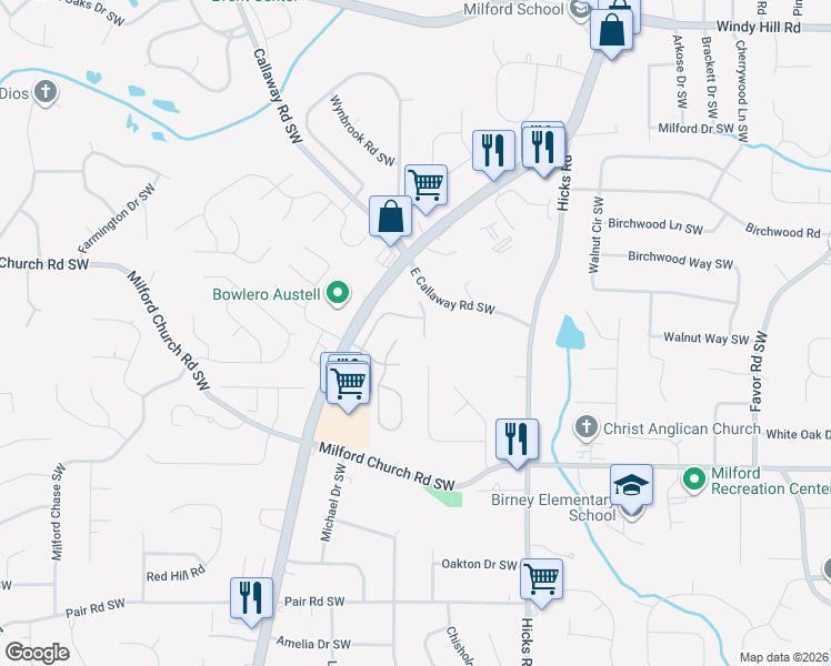 map of restaurants, bars, coffee shops, grocery stores, and more near 2819 Crest Ridge Way Southwest in Marietta