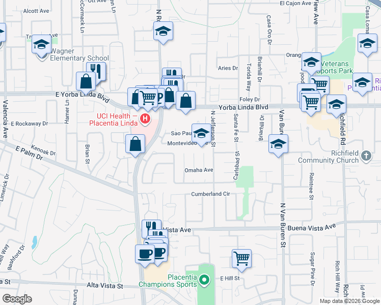map of restaurants, bars, coffee shops, grocery stores, and more near 1261 Desoto Street in Placentia