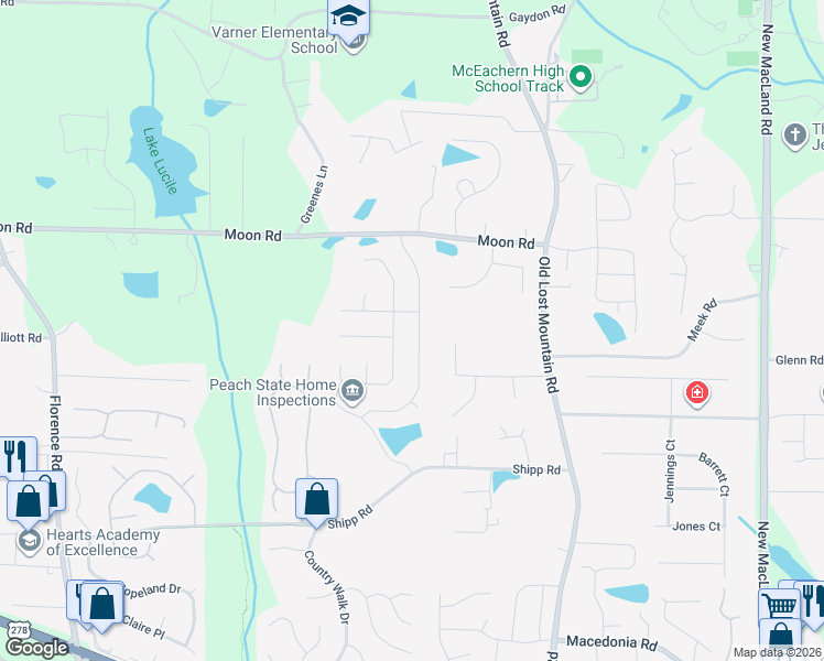 map of restaurants, bars, coffee shops, grocery stores, and more near 2830 Lost Lakes Way in Powder Springs