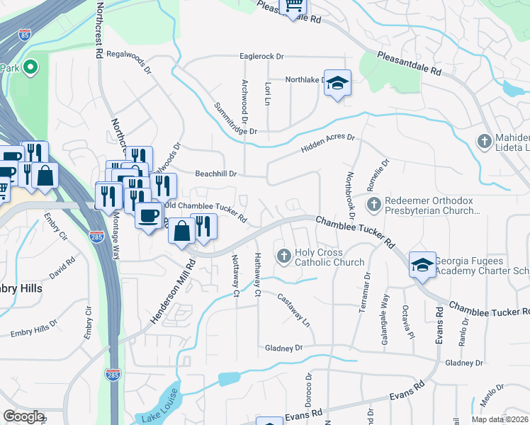 map of restaurants, bars, coffee shops, grocery stores, and more near 3617 Henley Park Court in Atlanta