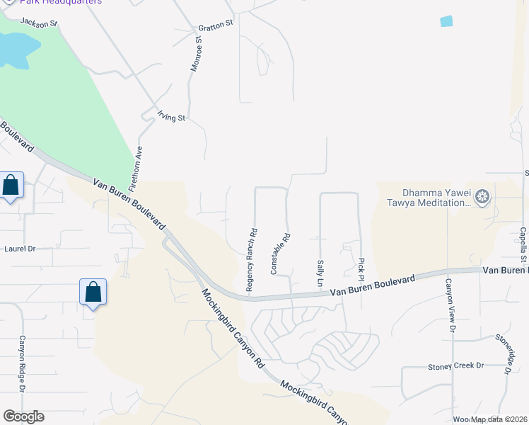 map of restaurants, bars, coffee shops, grocery stores, and more near 16176 Regency Ranch Road in Riverside