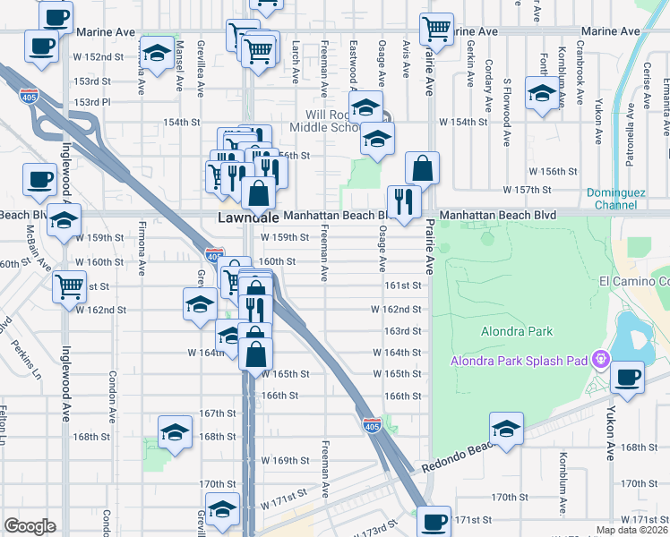 map of restaurants, bars, coffee shops, grocery stores, and more near 4168 160th Street in Lawndale