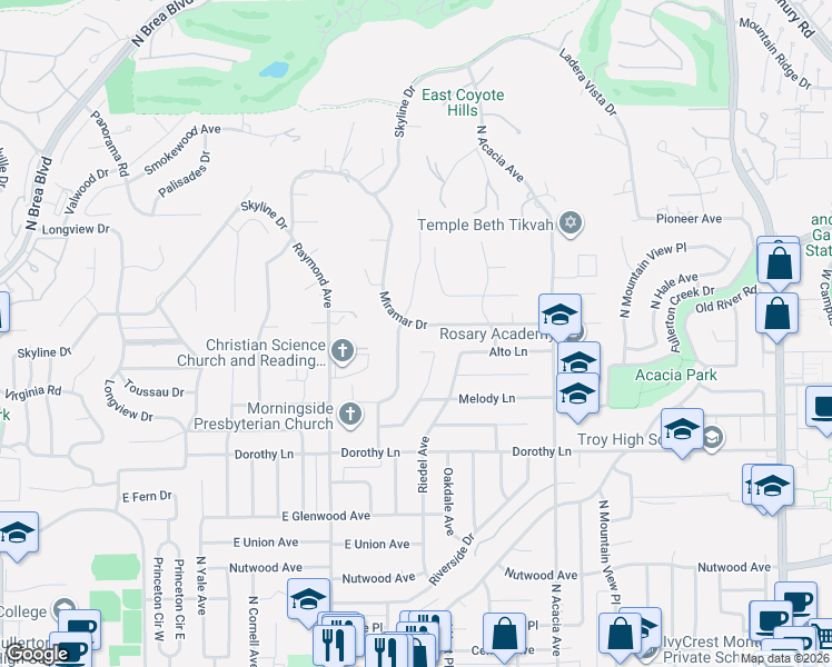 map of restaurants, bars, coffee shops, grocery stores, and more near 1411 Hollydale Drive in Fullerton
