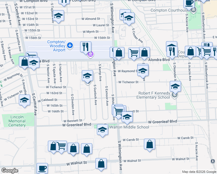map of restaurants, bars, coffee shops, grocery stores, and more near 1123 South Whitemarsh Avenue in Compton