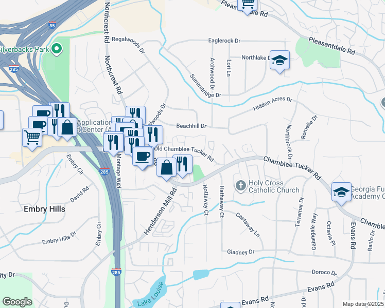 map of restaurants, bars, coffee shops, grocery stores, and more near 3557 Old Chamblee Tucker Road in Doraville