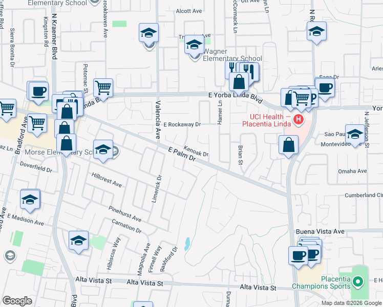 map of restaurants, bars, coffee shops, grocery stores, and more near 718 Kenoak Drive in Placentia