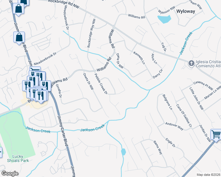 map of restaurants, bars, coffee shops, grocery stores, and more near 702 Pebble Creek Trail Northwest in Norcross
