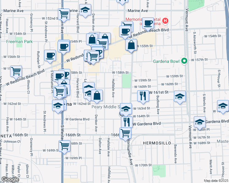 map of restaurants, bars, coffee shops, grocery stores, and more near 2 Halldale Avenue in Gardena