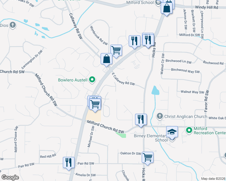 map of restaurants, bars, coffee shops, grocery stores, and more near 2819 Crest Ridge Way Southwest in Marietta