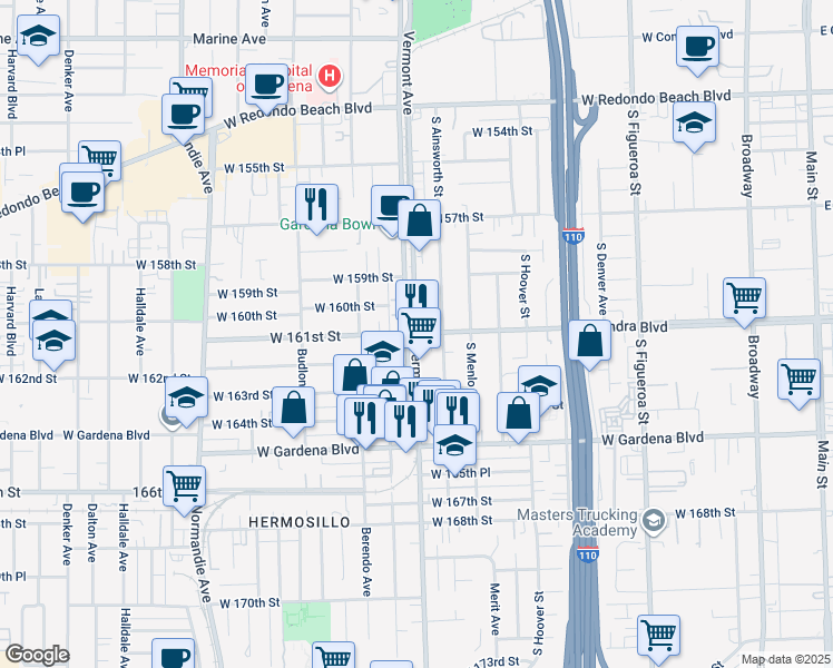 map of restaurants, bars, coffee shops, grocery stores, and more near S Vermont Ave & W 161st St in Gardena