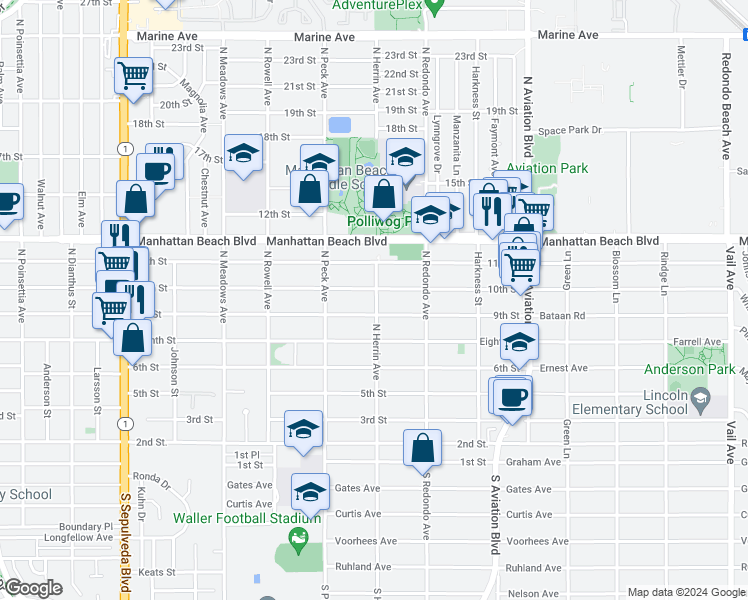 map of restaurants, bars, coffee shops, grocery stores, and more near 919 North Herrin Street in Manhattan Beach