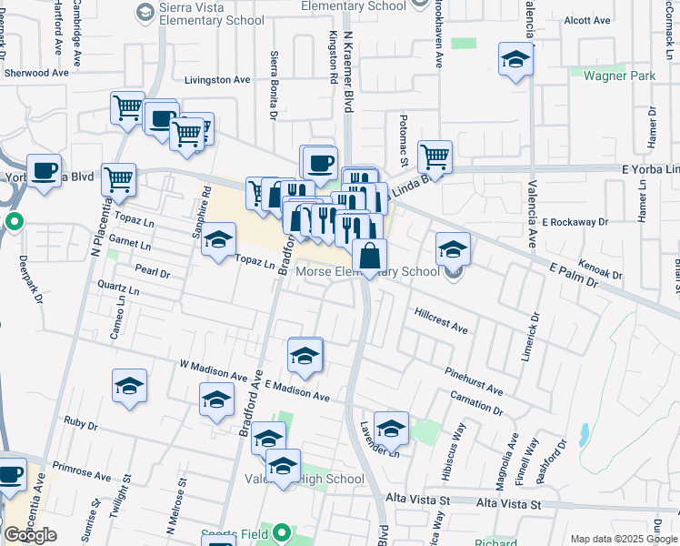 map of restaurants, bars, coffee shops, grocery stores, and more near 227 Sheffield Street in Placentia